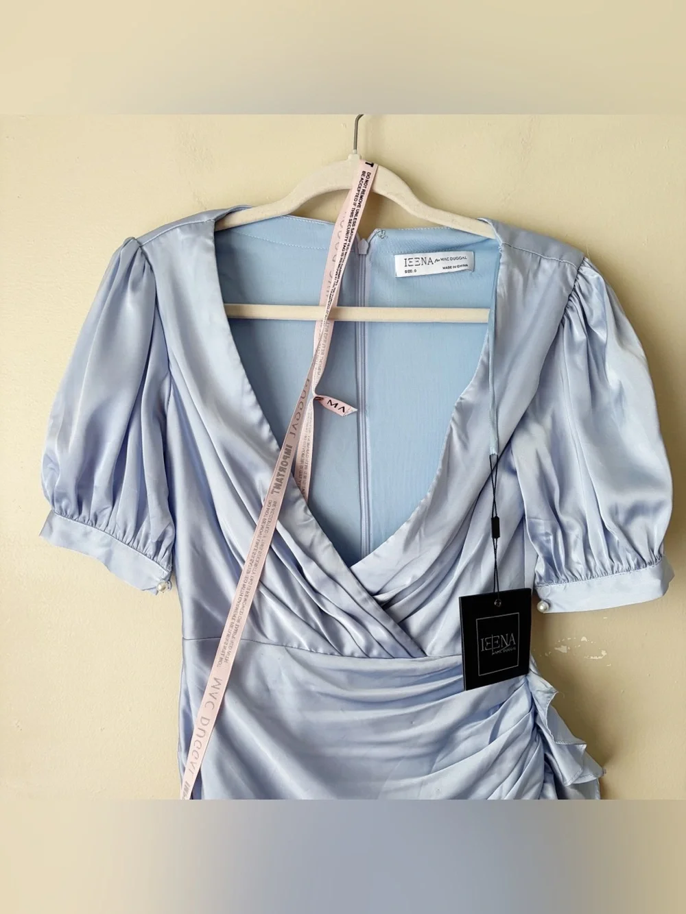 Ieena for Mac Duggal | Short Puff Sleeve Faux Wrap Mini Dress Powder Blue Size 0
